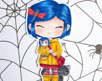 PNG Chibi Coraline. Digital stamp pack, digi stamp, digistamp, digital stamp, card making, scrapbooking, cardmaking, halloween, cat, fear