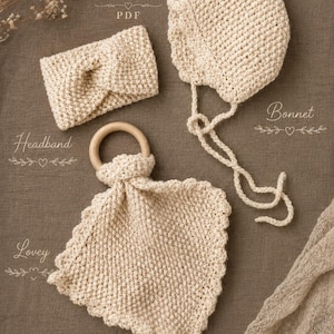Seed Stitch Baby Set Knitting Pattern, Bonnet, Lovey, Headwrap (PDF Download)