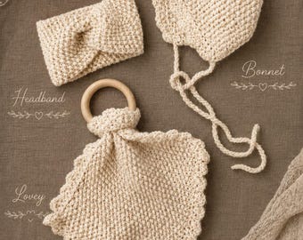 Seed Stitch Baby Set Knitting Pattern, Bonnet, Lovey, Headwrap (PDF Download)