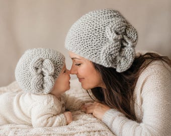 Mommy and Me Bow Hat Knitting Pattern | Matching Baby and Adult Sizes (PDF Download)