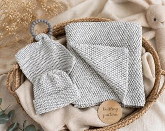 Newborn Moss Stitch Knitting Pattern Set (Blanket, Beanie, Lovey) (PDF)