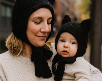 Molde para gorro de tricô com orelhas de gato para mãe e filha – Tamanhos de bebê a adulto (molde em PDF)