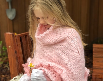 Knitting PATTERN- Felicity Knitted Cape with Ruffles and Lace, Girls Sizes 4-8 and 8-12