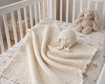 Padrão de tricô para manta de bebê em ponto semente com touca | Conjunto para recém-nascido em fio grosso | PDF com acabamento em crochê