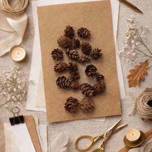May include: A collection of craft items arranged on a neutral surface. Brown pine cones are the focal point, set on brown paper. Gold scissors, a pen, and a lit candle are present. Twine, ribbon, and dried flowers complete the rustic scene.