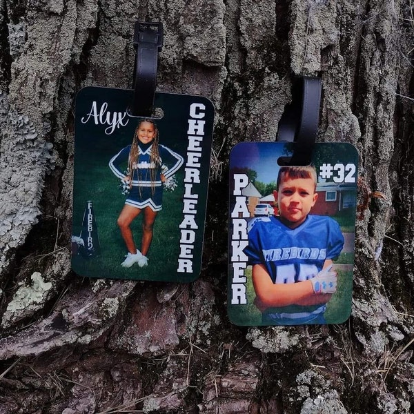 Sports Bag Tags or Backpack Tag| Cheer Bags with Personalized Picture| Customized Tags w/ Custom Wording| Cheer| Football|Baseball| Dance