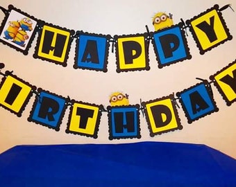 Minions- Despicable Me Birthday Banner- Black Blue and Yellow