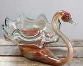 Vintage 1970s Glass Swan Bowl Hand Crafted Murano Style Glass Planter Swirled Colored Art Glass Orange Blown Glass Centerpiece