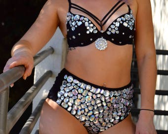 Rhinestone Rave Outfit Bling Festival Outfit, Rhinestone Strappy Bra and  Black Rhinestone High Waisted Bottoms -  Canada