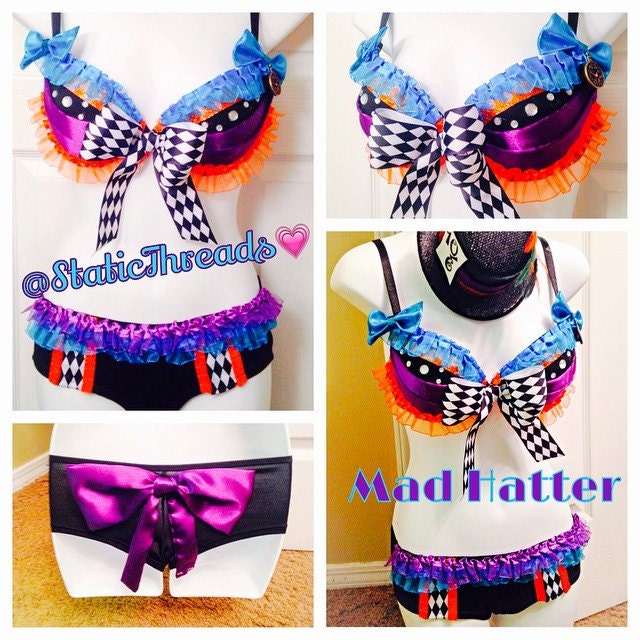 Mad Hatter Rave Outfit Costume Rave Bra and Bottoms With Mini Mad