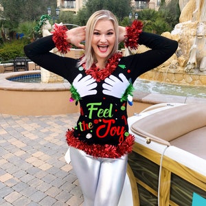 Adults Feel The Joy This Xmas Rudolph Boob Reindeer Adult Humour Festive  White Christmas Jumper - Dragons Den Fancy Dress Ltd