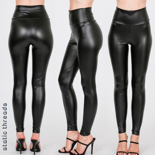 Black Faux Leather Leggings Black Leather High Waisted - Etsy