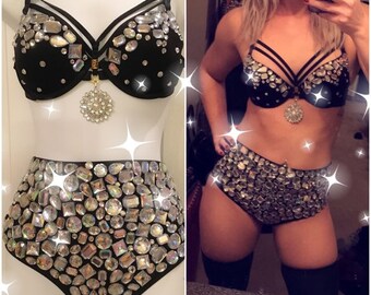 EDC Rave Outfit - Jeweled Rhinestone Strappy Bra and Black Jeweled High Waisted Bottoms