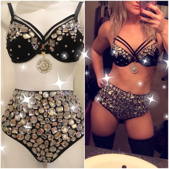 Rhinestone Rave Outfit Bling Festival Outfit, Rhinestone Strappy Bra and  Black Rhinestone High Waisted Bottoms -  Canada
