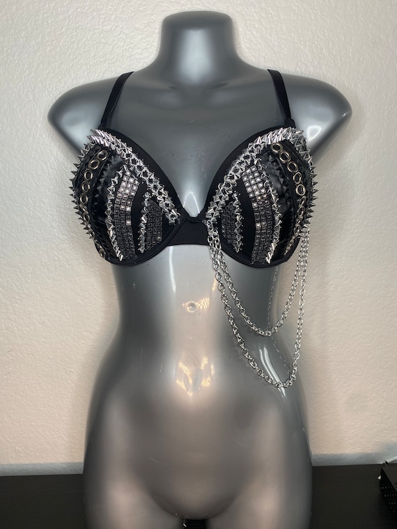 Black Spikes and Chains Bra, BDSM Bra, Rave Bra, Festival Bra, Bdsm Bra,  Burner 