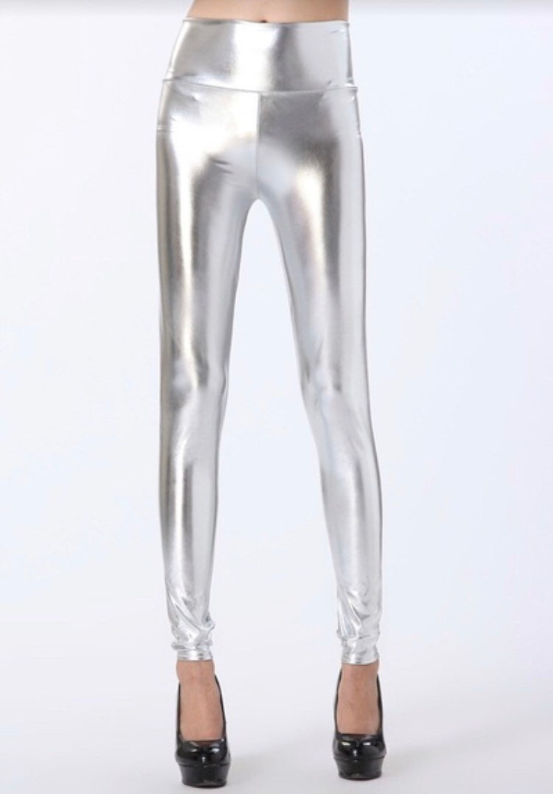 Silver High Waisted Leggings Silver Leggings Metallic Etsy