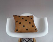 Brown Linen Pillow Cover Black Squares Block Printed Geometric Neutral Decorative Throw Cushion Bedding Accent Tawny Natural Hand Painted
