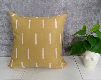 Honey Linen Pillow Cover with White Block Printed Line Design / Amber Saffron Mustard White Rectangles Natural Minimalist Mudcloth Inspired