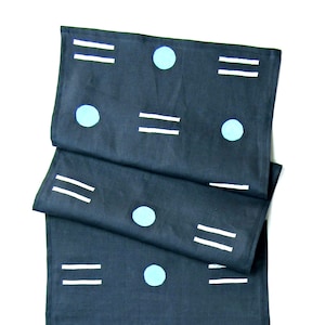 Navy Blue Linen Table Runner // Block Printed White Geometric Hand Painted Bright Colorful Textile Art Minimalist Kitchen Decor Table Linen