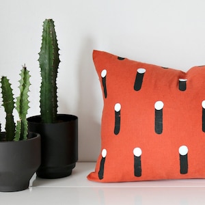 Burnt Orange Linen Throw Pillow w Black and White Design // Terracotta Red Brick Rust Minimalist Bauhaus Modern Print Geometric Cushion image 1