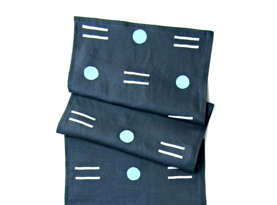 Navy Blue Linen Table Runner // Block Printed White Geometric | Etsy