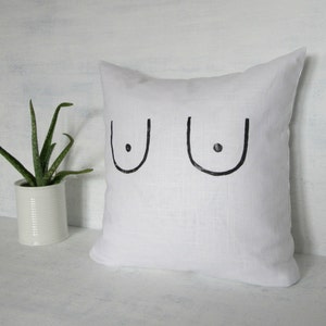 Boobs White Linen Pillow Cover / Feminist Cushion Breasts Block Printed Natural Flax Minimalist Free the Nipple Future is Female Decorative image 2