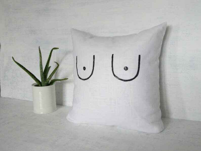 Boobs White Linen Pillow Cover / Feminist Cushion Breasts Block Printed Natural Flax Minimalist Free the Nipple Future is Female Decorative image 2