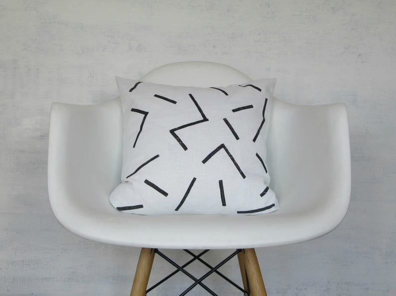 White Linen Pillow Cover with Black Line Print / Block Printed Geometric Decorative Throw Cushion Bedding Accent Pillow Neutral Euro Lumbar image 2