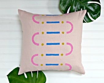 Pink Linen Block Printed Pillow Cover // Blush Mustard Electric Blue Wiggles Lines Dots Modern Memphis Millennial Pink Pastel Arch Yellow