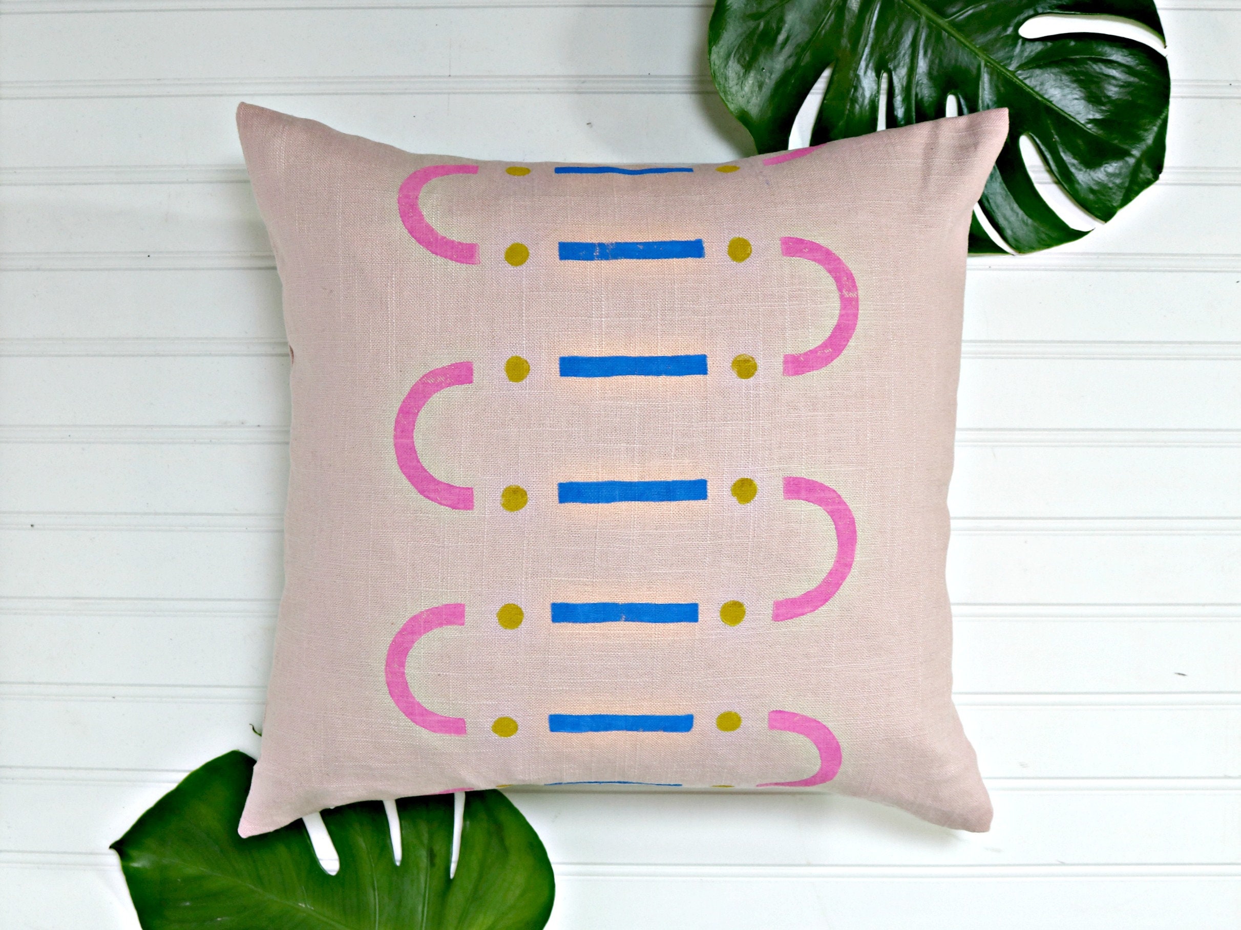 Bloc de Lin Rose Imprimé Taie d'oreiller/Blush Moutarde Wiggles Bleu Électrique Lignes Dots Memphis 