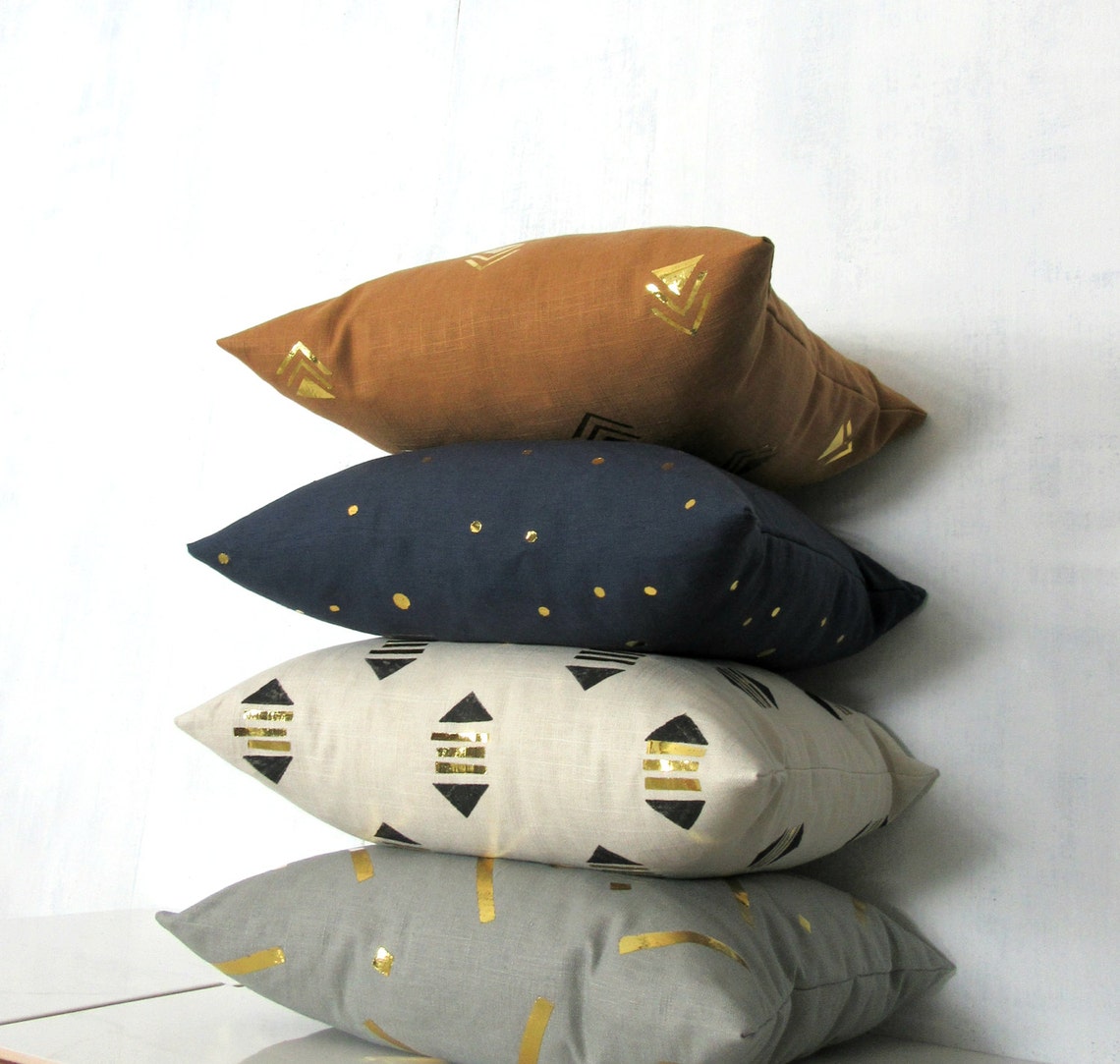 Cream Linen Pillow Cover With Black and Gold Geometric Print / Etsy