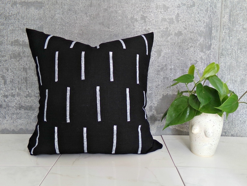 Black Pillow Cover With White Line Design/block Printed Etsy