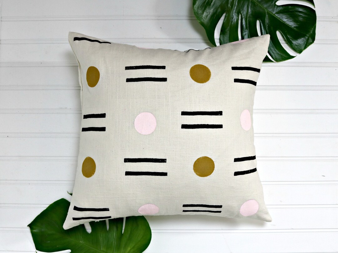 Cream Linen Pillow Cover With Block Printed Design // Pink Mustard