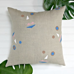 Beige Linen Pillow Cover with Abstract Face Print / Block Printed Indigo Brown Light Pink White Decorative Throw Cushion Bedding Accent Toss image 1