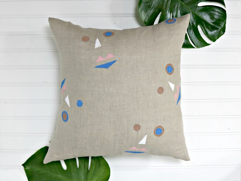 Beige Linen Pillow Cover with Abstract Face Print / Block Printed Indigo Brown Light Pink White Decorative Throw Cushion Bedding Accent Toss image 1