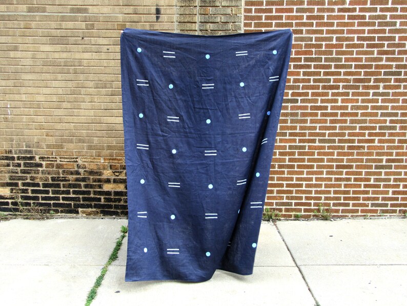 Navy Blue Linen Throw / White Light Blue Block Printed Linen Beach Blacket Table Cloth Curtain Flax Bedding Cover Wall Hanging Geometric image 1