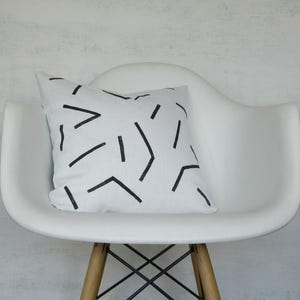 White Linen Pillow Cover with Black Line Print / Block Printed Geometric Decorative Throw Cushion Bedding Accent Pillow Neutral Euro Lumbar image 1