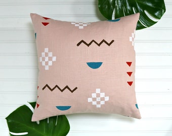 Pink Linen Throw Pillow w Block Print Southwestern Design // Blush Dusty Pink Teal Red White Native American Print Geometric Bedding Cushion