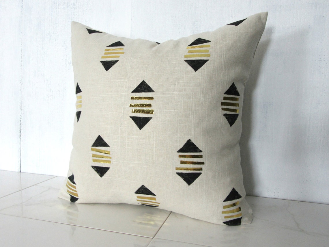 Cream Linen Pillow Cover With Black and Gold Geometric Print / Etsy