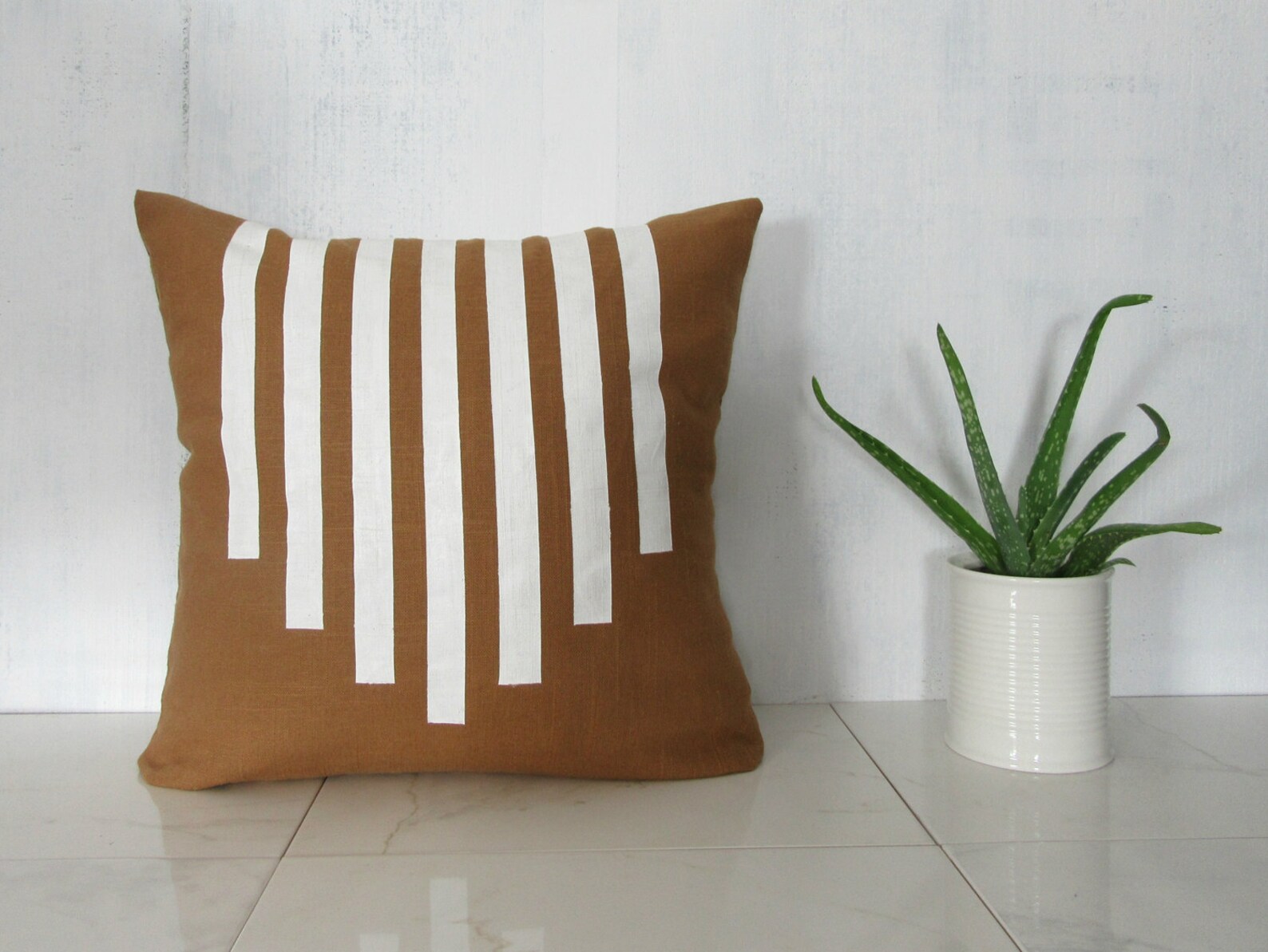 Sienna Brown Linen Pillow Cover With White Line Design / Etsy