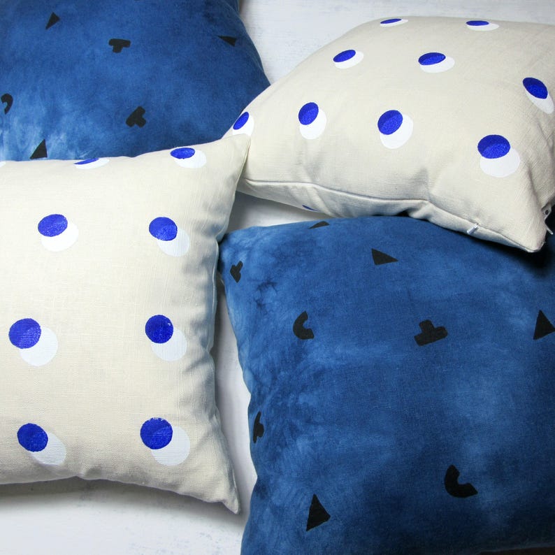 Cream Linen Pillow Cover With Blue and White Dot Print/ Etsy
