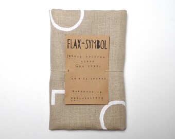 Beige Linen Tea Towel with White Geometric Print // Cream Minimalist Modern Block Printed Kitchen Hand Towel Linen Napkin Flour Sack Textile