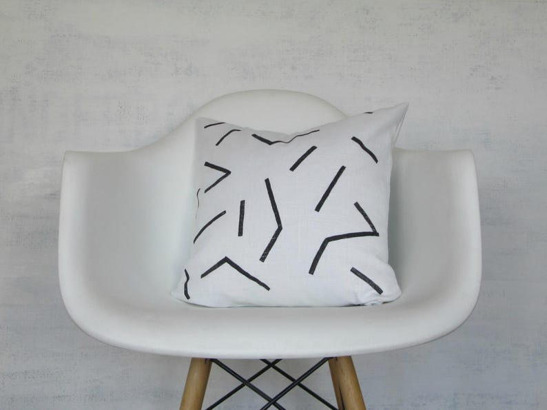 White Linen Pillow Cover with Black Line Print / Block Printed Geometric Decorative Throw Cushion Bedding Accent Pillow Neutral Euro Lumbar image 3