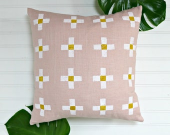Light Pink Linen Pillow Cover with Mustard and White Print // Southwestern Mexican Plus Geometric Pale Rose Blush Yellow Decorative Cushion