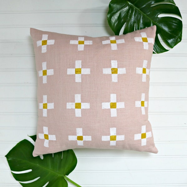 Light Pink Linen Pillow Cover with Mustard and White Print // Southwestern Mexican Plus Geometric Pale Rose Blush Yellow Decorative Cushion