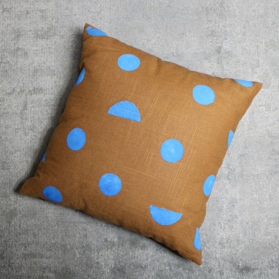 Camel Linen Pillow Cover With Electric Blue Print // Brown Etsy