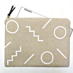 Bloco impresso bege e branco capa para laptop/linho geométrico zig zags feito à mão tecido macio capa para tablet macbook ipad bolsa com zíper