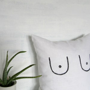 Boobs White Linen Pillow Cover / Feminist Cushion Breasts Block Printed Natural Flax Minimalist Free the Nipple Future is Female Decorative image 1