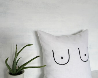 Boobs White Linen Pillow Cover / Feminist Cushion Breasts Block Printed Natural Flax Minimalist Free the Nipple Future is Female Decorative