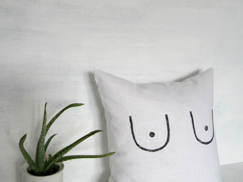 Boobs White Linen Pillow Cover / Feminist Cushion Breasts Block Printed Natural Flax Minimalist Free the Nipple Future is Female Decorative image 1